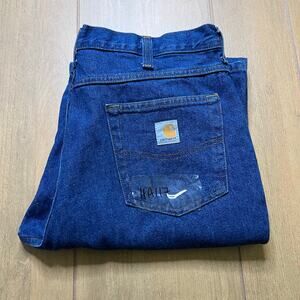 Carhartt Jeans Mens 34x34 Blue Denim Utility Work Pants Relax Distress outdoors